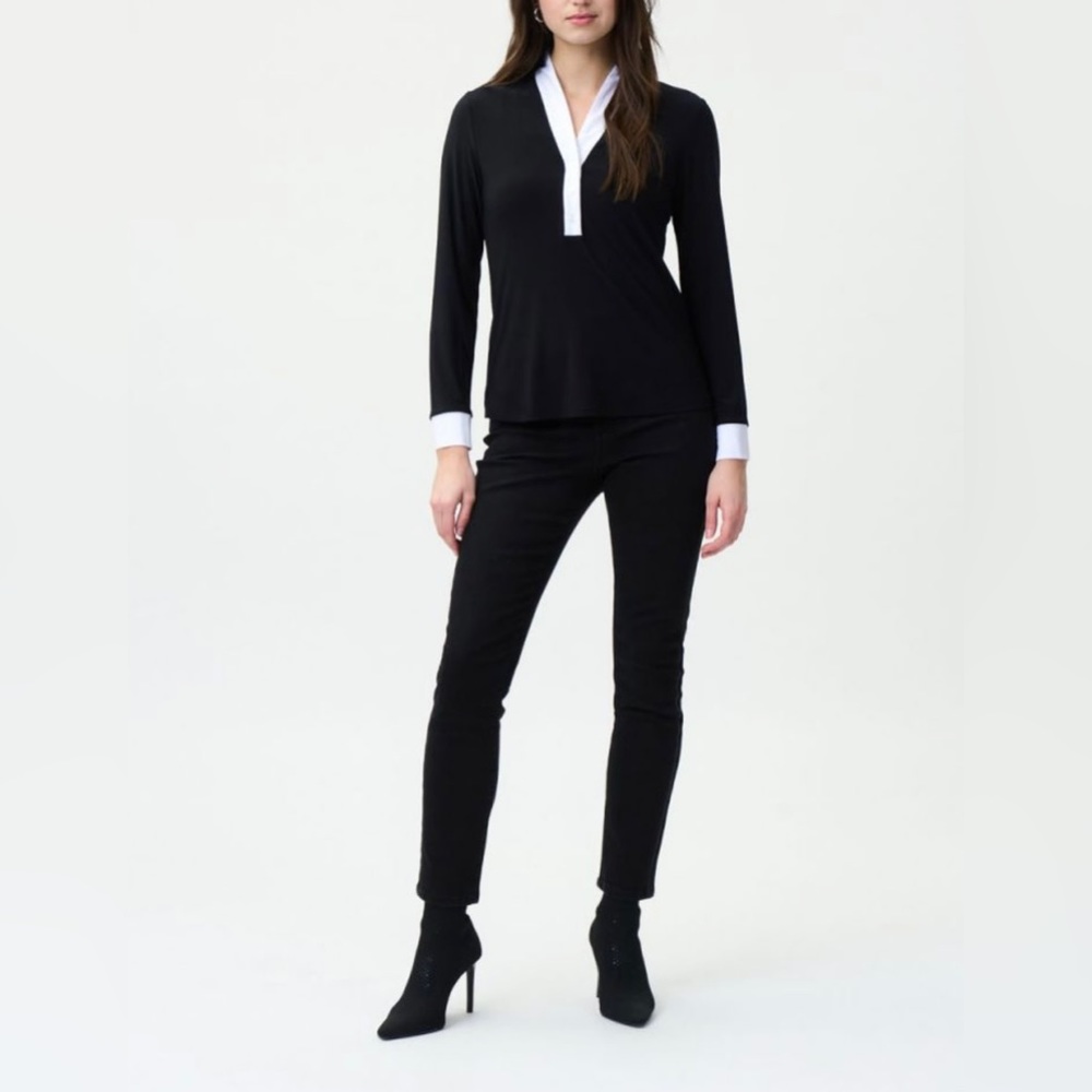 Joseph Ribkoff Long Sleeve Black Top with White Contrast Trim- Size 8 NWT